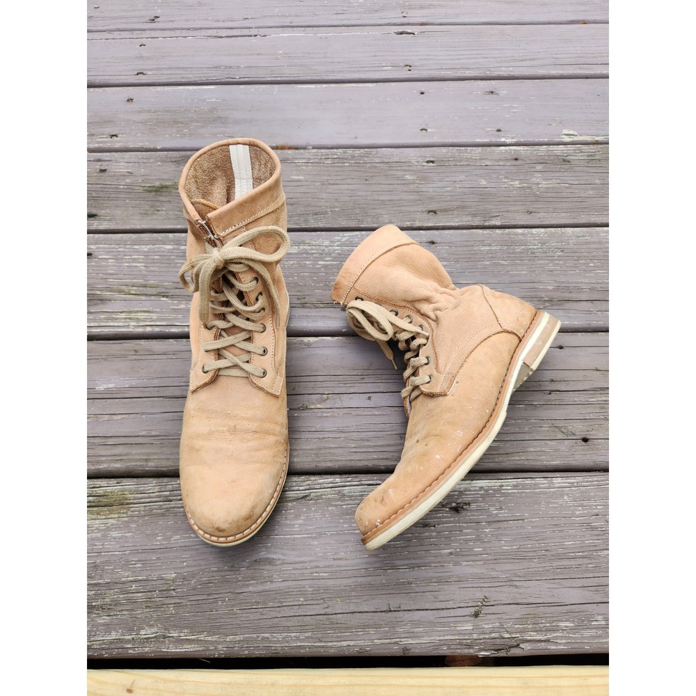 Vintage Y2K Combat Boots Tan Leather Lace Up Side Zip Distressed EU 40